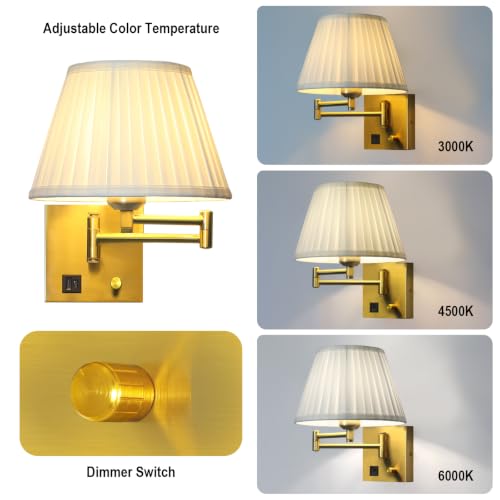 Image of Plug in Wall Lamp for Living Room Bedroom Bedside, Bulb Included | Wall Sconce with USB C+A Charging Ports, Adjustable Swing Arm 270, Adjustable Color Temperature, White Fabric Cone lampshade