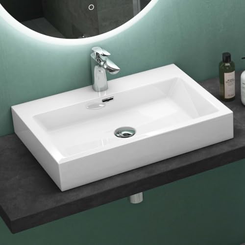 Mai & Mai Lavabo Suspendu Blanc Vasque à Poser 60cm Lave Mains Rectangulaire avec Trop Plein Col06 60x42x10cm