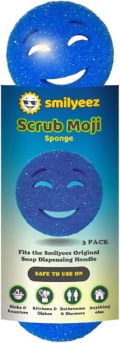 Image of The Original Scrub Moji Scrubbing Sponge by Smilyeez (Set of 3) - Blue - Temperature-Responsive Polymer Foam, Stain and Odor Resistant, Ideal for Kitchen and Bathroom Cleaning
