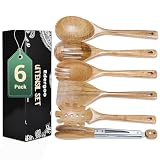 Edergoo Wood Cooking Utensils Set, 6 PCS Wooden Spoons for Cooking Includes Stainless/Wood Kitchen Tong, Natural Non-Stick Wooden Utensil Set with Non-Slip Notch Design & Hanging Hole