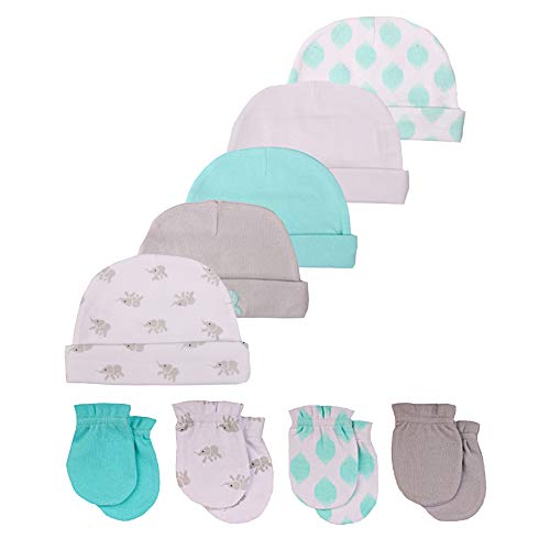 Image of Newborn Baby Soft Cotton Organic Cap and Mitten Set Sunny Hats for Hospital Baby Boy and Girl(0-6 Months)