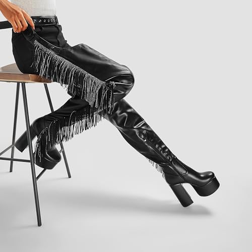 DETOGNI Women's Belted Over The Knee Platform Long Boots Fringes Silver Shine Studs Block Heels Thigh High Boots3