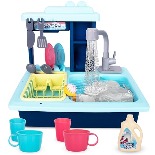 ArtCreativity kids play sink with running water and Color Changing Dishes - 22 Piece Kids Kitchen Play Set -Pumps Real Water -Play Kitchen Sink with Drying Rack, Dishes, Toy Detergent Bottle -Ages 3-5