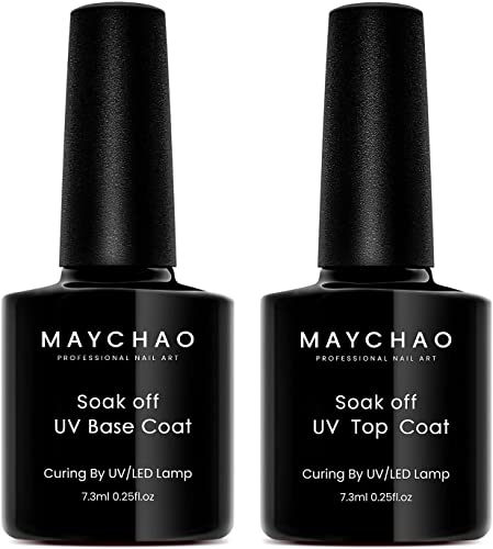 MAYCHAO Gel Nail Polish Base Coat and No Wipe Top Coat Set, 2Pcs Base and Shiny Top Coat, Apply Smooth Long Lasting Soak Off UV LED Gel Nail Lacquer 7.3ml Each Bottle MAYCHAO Gel Nail Polish Base Coat and No Wipe Top Coat Set, 2Pcs Base and Shiny Top Coat, Apply Smooth Long Lasting Soak Off UV LED Gel Nail Lacquer 7.3ml Each Bottle