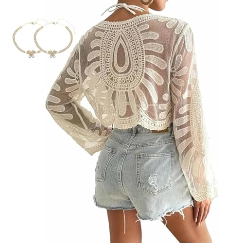 Punctualk Women's Floral Embroidered Semi-Sheer Cover Up, Entrancet Beach Swimsuit, Cute Long Sleeve Round Neck