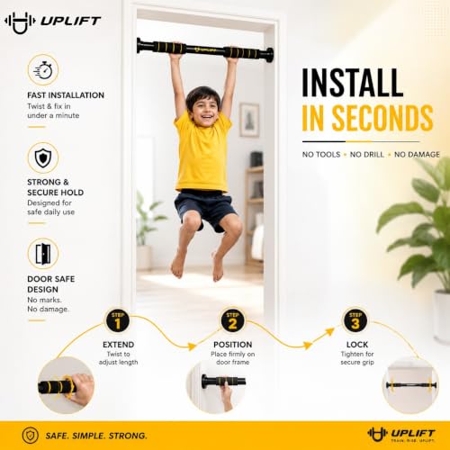 Image of UPLIFT Pull Up Bar for Kids | Doorway Hanging Rod & Chin Up Bar For Kids and Adults | No Screw Hanging Rod with Anti-Skid Foam Grip | Adjustable Heavy Duty Strength Training Gym Equipment (62-100cm)| 100kgs Capacity