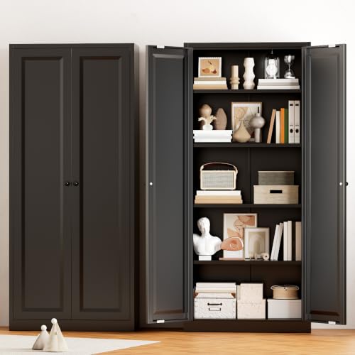 Image of Greenvelly Metal Storage Cabinet, 63 inch H Black Metal Storage Cabinet with Doors and 4 Shelves, Lockable Steel Cabinets for Living Room, Office, School (Black - Modern)