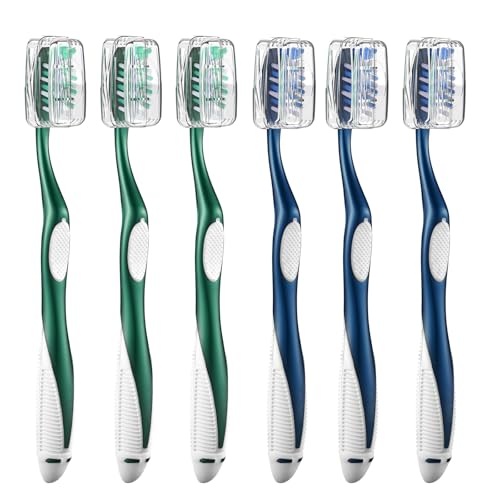 Image of Fremouth Firm Toothbrushes with Covers for Adults, Cross Hard Bristles, with Built in Tongue Scraper, 6 Count
