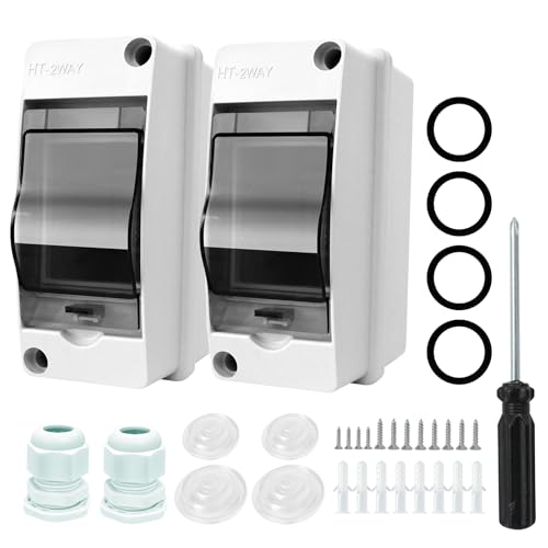 RAFIYU 2 Piezas Caja Estanca Exterior, IP65 Cuadro Electrico 2 Modulos, Pequeña Caja Eléctrica con 4 Conectores, para Jardines Al aire Libre, Granjas, Estaciones de Carga, Cuartos Húmedos