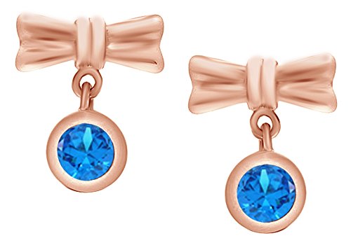 Round Cut Simulated Blue Topaz Ribbon Bow Dangle Earrings In 14k Rose Gold Over Sterling Silver