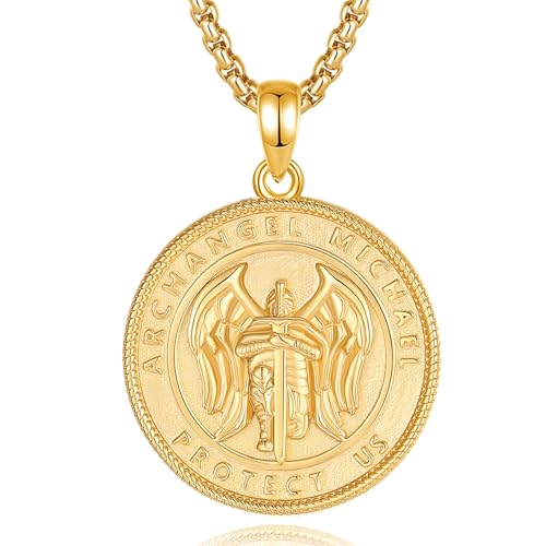 INFUSEU Unique St Michael Pendant Necklace for Men Women, Cool Protection Jewelry, 22+2 Inch Chain