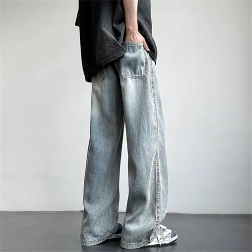 Men Drawstring Straight Pant Vintage Wash Denim Streetwear Trousers Wide Leg Jeans Loose Pants4
