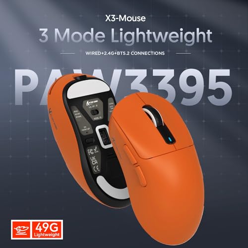 Image of ATTACK SHARK Gaming Mouse X3, 49g, SUPERLIGHT, Game Sensor PixArt PAW3395, Wireless /Wired BT /2.4G, 26000 DPI, 200 Hours Battery, G502, Office Mouse for Win11 /Xbox /PS /Mac, Orange