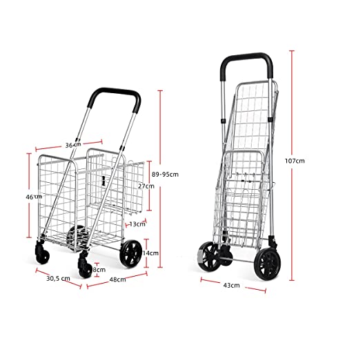 GYMAX Klappbarer Einkaufstrolley belastbar bis zu 20 kg, tragbarer Einkaufswagen mit Doppelkorb 48L+10L, Leichter… – Bild 5