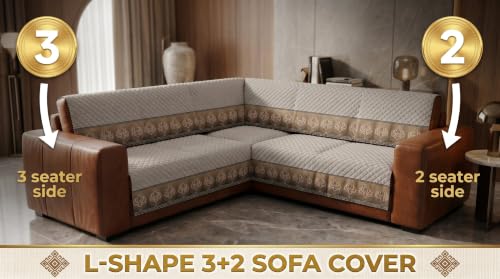 Image of KINGLY L-Shape Sofa Cover 5 Seater 3+2 Velvet Full Cover - Warm Grey | Fully covered quilted velvet slipcover, washable anti-slip furniture protector, L-type corner sofa cover for living room