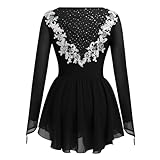 AFAVOM Women Girls Figure Ice Skating Dress Adult Kids Long Sleeve Mesh Sequin Flower Ballet Dance Leotard Shiny Rhinestones Sparkle Lyrical Costume for Competition Performance Dancewear Black XS