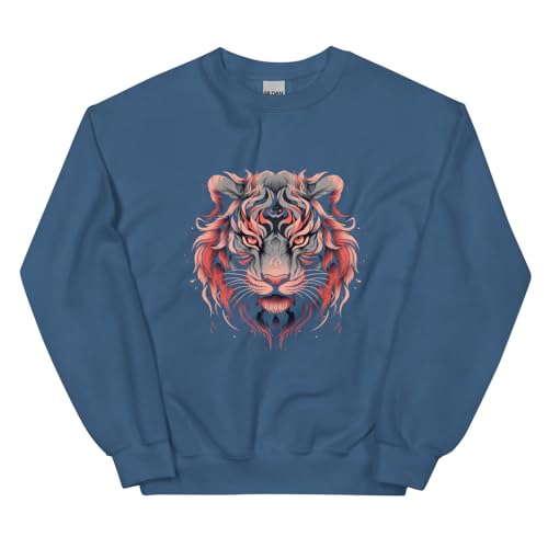 Sweat graphique visage de tigre bleu indigo, pull unisexe imprimé animal décontracté