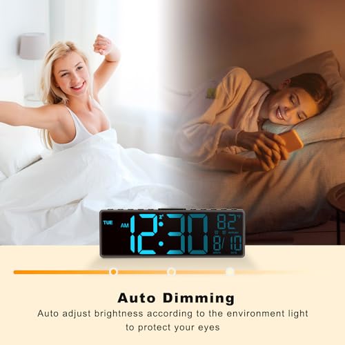 JALL 10.5'' Large Digital Wall Clock with Remote Control, Dual Alarm with Big LED Screen Dispaly, 8 RGB Colors, Auto DST, Temperature for Living Room, Bedroom, Decor, Gift for Elderly