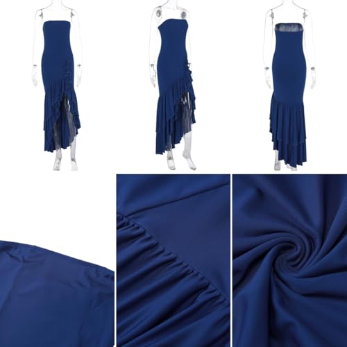 Image of Women's Sexy Strapless Backless High Split Long Maxi Dress Ruched Off Shoulder Sleeveless Bodycon Party Cocktail Dresses