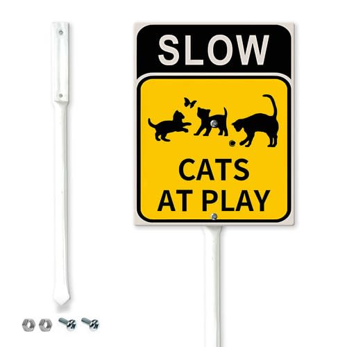 Horienteeon Slow Sign Cat at Play Cat Crossing Yard Sign with Stakes 17.5x22cm Weatherproof Heavy Duty Aluminum Yard Signs Rust Free Garden Decoration for Outdoor Lawn, Easy to Mount