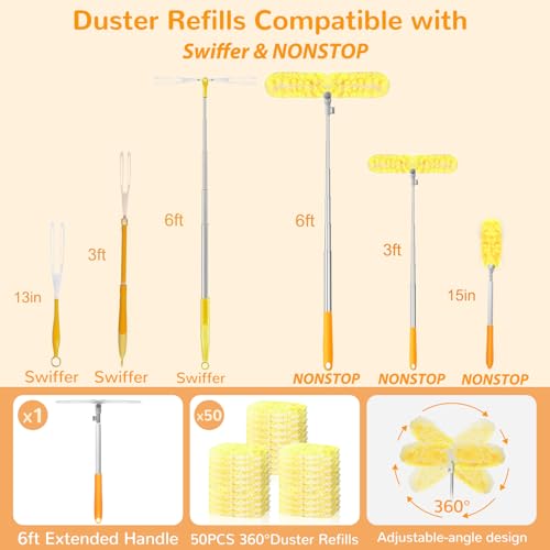 Image of 6 ft Long Handle Extendable Duster with 50 Refills for Swiffer Duster, Heavy Duty 360 Microfiber Dusting Kit for High Ceilings, Ceiling Fans, Tall Windows, and Hard-to-Reach Areas