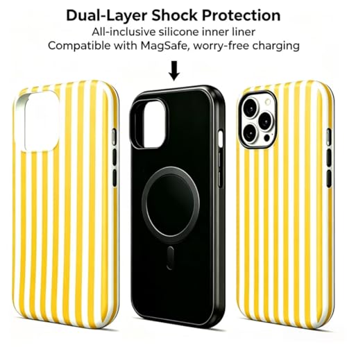 Image of for iPhone 16Pro Case Cute Phone Case,Compatible with MagSafe,Dual Layer Shockproof Protective Phone Cover,Hard Shell + Silicone Cover,Fashion Design for Women Girls,Striped Yellow
