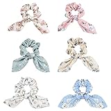 Yonchic 6-Piece Flower Print Bowknot Elastic Hair Ties, Seersucker Rabbit Ear Scrunchies Ladies Long