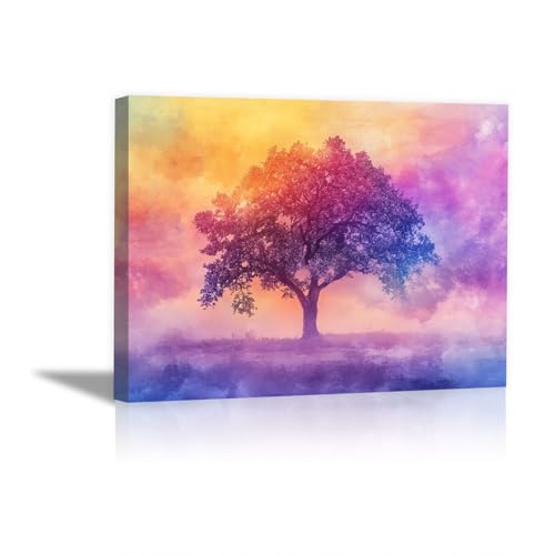 Toile nature paysage arbre multicolore et ciel pastel grand format 70x100cm