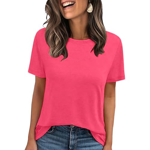 LOOKFACE Women's Summer Short Sleeve Crewneck T Shirts Solid Color Tees Casual Basic Tops Watermelon X-Large