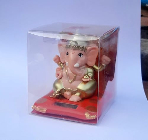Image of Solar Powered Ganesha Idol with Moving Hand, Red and Gold, Plastic Made, for Car Dashboard or Home Office Decor Gifting