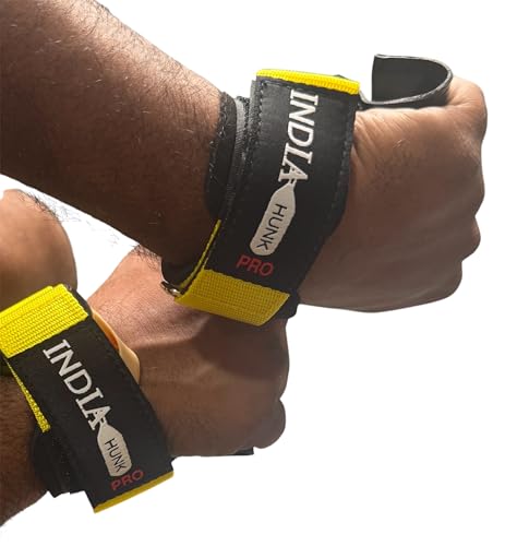 IndiaHunk Heavy Duty Weight Lifting Grips with Neoprene Padded Wrist Wraps | Strong Rubber Grip Support for Deadlifts, Rows & Pull-Ups | Bodybuilding Gym Straps | Yellow new 2026