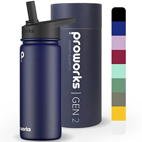 Proworks Gen 2 Botella Agua Acero Inoxidable con Pajita | 540ml Botella Termica para 24 Horas de Frío y 12 Horas de Calor | Garrafa Agua a Prueba de Fugas para el Gimnasio y Viajes - Azul Medianoche