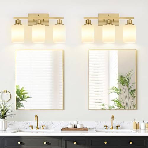 Image of MOKATNG 3-Light Bathroom Light Fixtures, Brushed Gold Vanity Light with Milky White Shades, Bathroom Lighting Fixtures Over Mirror, Modern Bathroom Wall Lamp for Mirror Living Room Cabinet Bedroom
