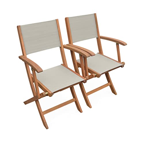 Alice's Garden - Fauteuils de Jardin en Bois et textilène - Almeria Gris Taupe - 2 fauteuils pliants en Bois d'Eucalyptus huilé et textilène