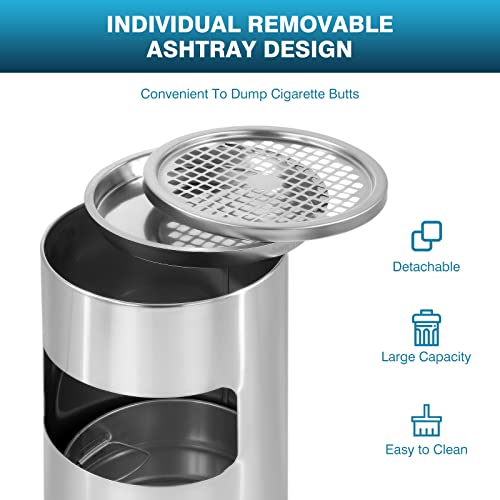 Image of IRONWALLS Indoor Outdoor Trash Can with Lid, Silver Floor Standing Stainless Steel Garbage Bin with Removable Inner Barrel, Commercial Waste Bin Container Trash Receptacle, Patio Garbage Can