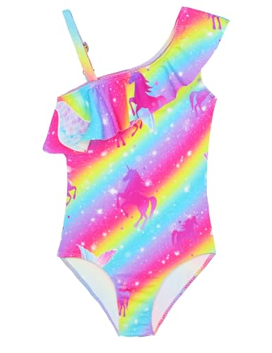 Image of Snowheart Girls Swimsuit Adjustable Shoulder Strap UPF50+ One-Shoulder Ruffle Bathing Suit 3-12T