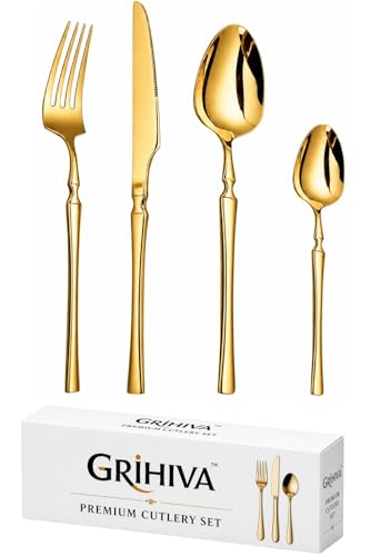 Image of 4 Pcs Gold Slim Handle Stainless Steel Cutlery Set for Dining Table with Spoon and Fork Set & Butterknife - The Perfect Tableware /Flatware