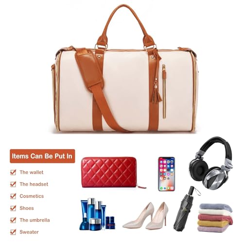 Garment Bag Duffel Bag Suit Travel Bag for Travel,Large PU Leather Duffle Bag for Women Men,Waterproof Garment Bags for Travel with Built-In Shoe Pocket,3 in 1 Hanging Suitcase Suit Travel Bags, White4