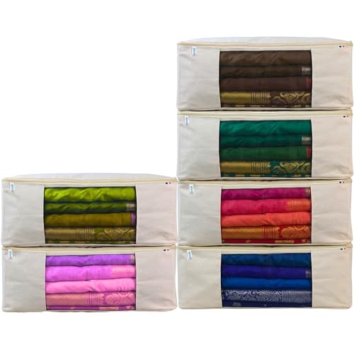 SKRILL Cotton Canvas Clothes Storage Bags - Wardrobe Organizer Saree Covers with Zip Specially Designed for Women's Dresse, Saree, Lehenga | Storage Bag for Clothes (17 x 14 x 7 Inch) - Pack of 6