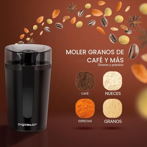 Miniatura 4 de Aigostar Molinillo De Café Eléctrico, Con Cuchilla De Acero Inoxidable, Semillas Especias Frutos Secos Molinos De Cuchillas De 200w Potencia, Capacidad 60gr Con Cepillo Para Limpieza, Libre De Bpa