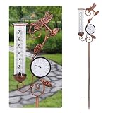 YNGFIL Dragonfly Rain Gauge Garden Decor, 32" Thermometer Patio Decor, 7" Capacity Rain Gauge Replacement Tube Glass, Outdoor Temperature Patio Decor