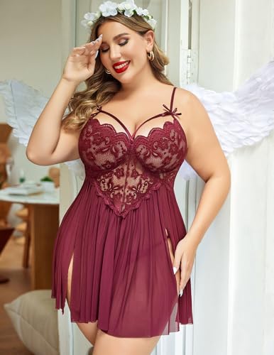 Image of Avidlove Plus Size Lingerie Lace Babydoll Womens Strap Chemise Nightgown V Neck Nighty Mesh Sleepwear Side Slit Nightdress