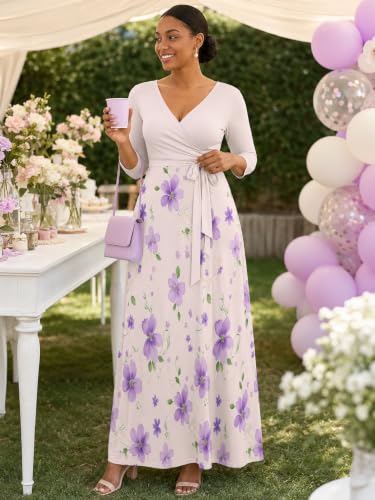 Image of PinkPatty Women's Plus Size V Neck 3 /4 Sleeve Wrap Maxi Dress with Belt