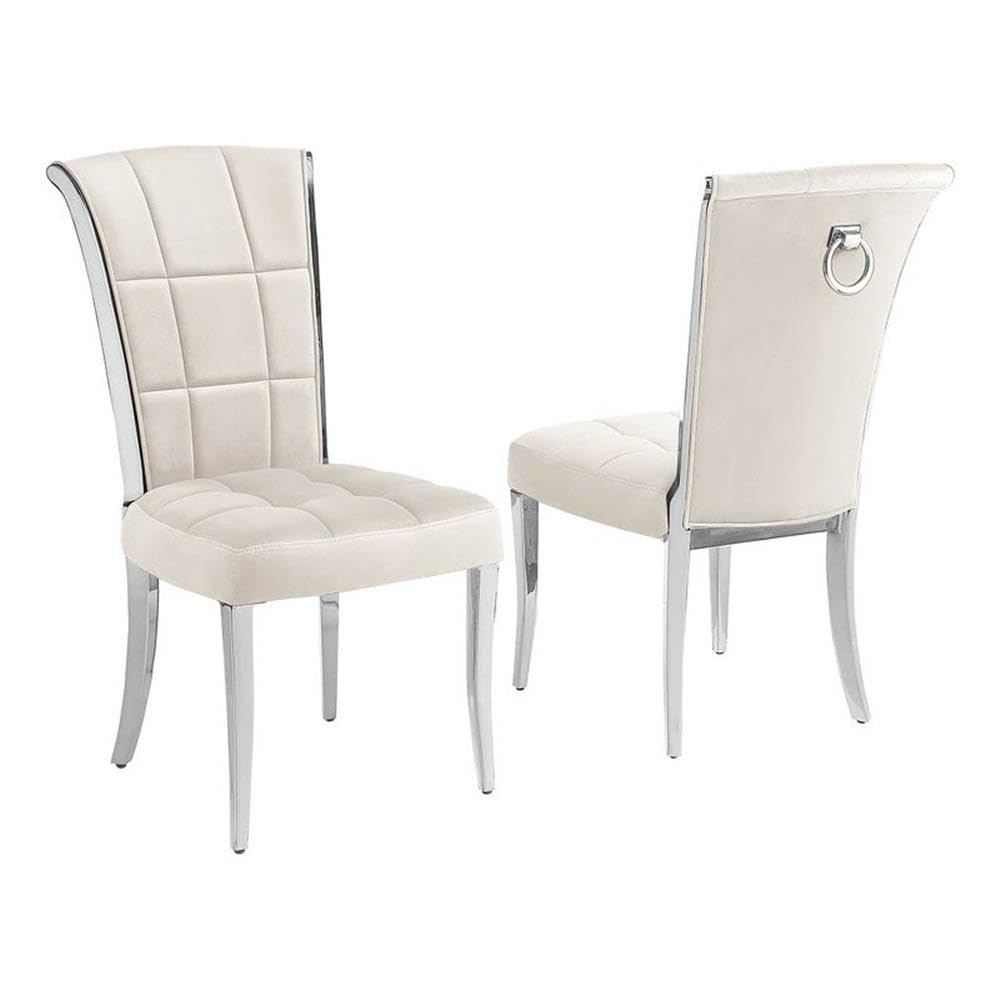 Pemberly Row Velvet Side Chairs, 38" H, Grid Tufted Cream Upholstery, Chrome Base, Set of 2, Modern Dining Room Seating, Durable Iron Frame
