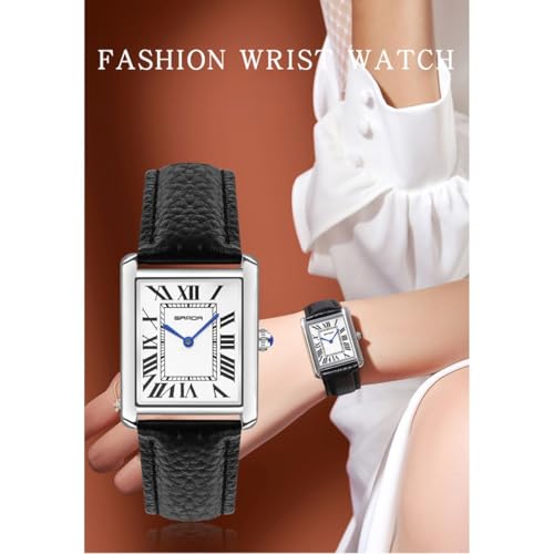 Image of Poshi Sanda Premium White Sqaure Dial Watch | 220mm Black Leather Strap Quartz Watch for Women