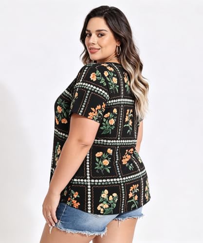 Image of RITERA Women Plus Size Tops Tie Dye V Neck Shirt Floral Camo Summer Short Sleeve Tunic Oversized Ladies Blouse XL-5XL