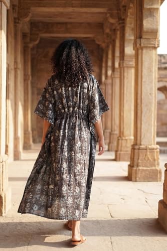Image of Cotton Kaftan Dresses for Women | Hand Printed Cotton Kaftan Nighty for Women | Length- 52 Inches