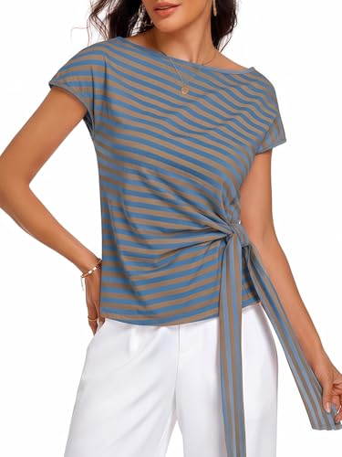 Image of HOTIAN Womens Cap Sleeve T Shirts 2026 Tie Waist Wrap Tops Crew Neck Blouses Dressy Casual Loose Work Business Dressy