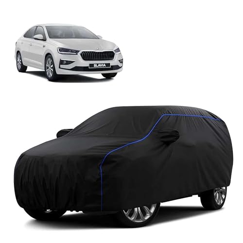 Image of Sulfar 100% Water Resistant Car Body Cover Compatible with Mirror for Skoda Slavia (Triple Stitched, Full Bottom Elastic, Black Tafetta with Blue Piping)