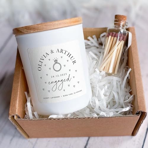 Pomchick - Personalised Engagement Candle Gift | Names & Date | Vegan Soy Wax Keepsake for Engaged Couple | Party Gift